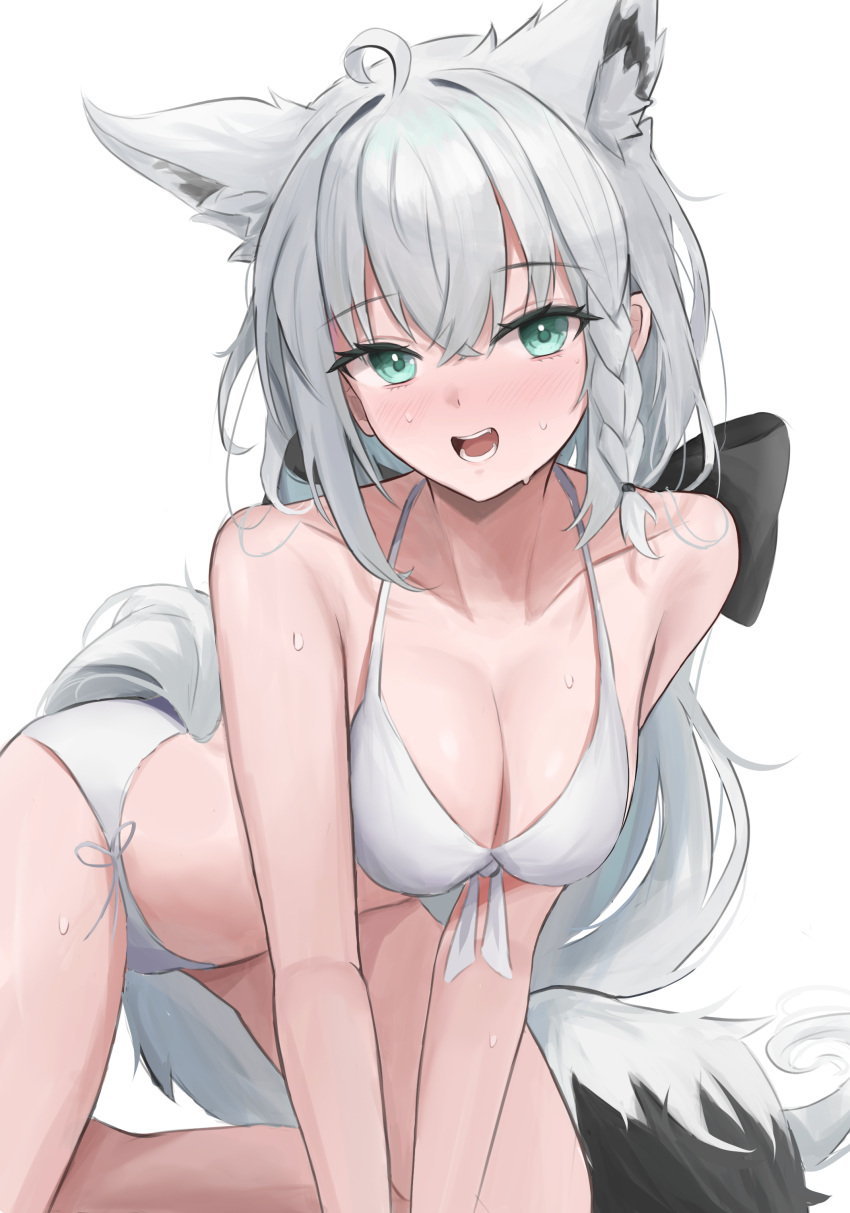 absurdres ahoge all_fours animal_ear_fluff animal_ears bikini braid breasts cleavage commentary crossed_bangs female fox_ears fox_girl fox_tail green_eyes grey_hair hair_between_eyes halterneck highres hoangryu hololive long_hair looking_at_viewer medium_breasts open_mouth shirakami_fubuki side_braid simple_background solo sweat swimsuit tail teeth virtual_youtuber white_background white_bikini