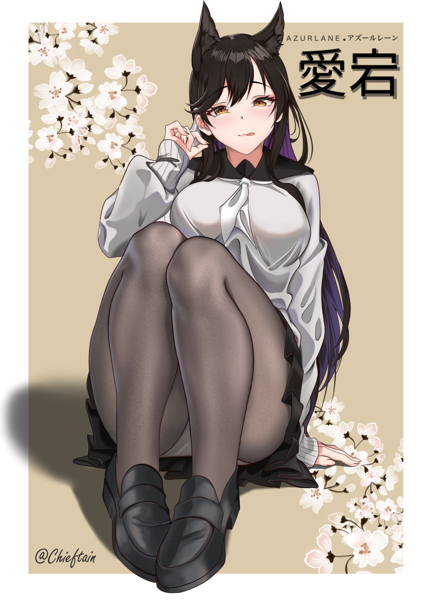 absurdres animal_ear_fluff animal_ears arm_support atago_(azur_lane) atago_(school_traumerei)_(azur_lane) azur_lane black_footwear black_sailor_collar black_skirt blush breasts brown_background brown_eyes brown_pantyhose cherry_blossoms chieftain_art13 colored_inner_hair convenient_leg eyelashes female flower full_body hand_up highres knees_up large_breasts leaning_back legs legs_together licking_lips loafers long_hair looking_at_viewer miniskirt multicolored_hair neckerchief panties panties_under_pantyhose pantyhose pink_flower pleated_skirt purple_hair sailor_collar school_uniform see-through see-through_legwear shadow shoes skirt sleeves_past_wrists solo thighs tongue tongue_out twitter_username underwear white_flower white_neckerchief white_panties