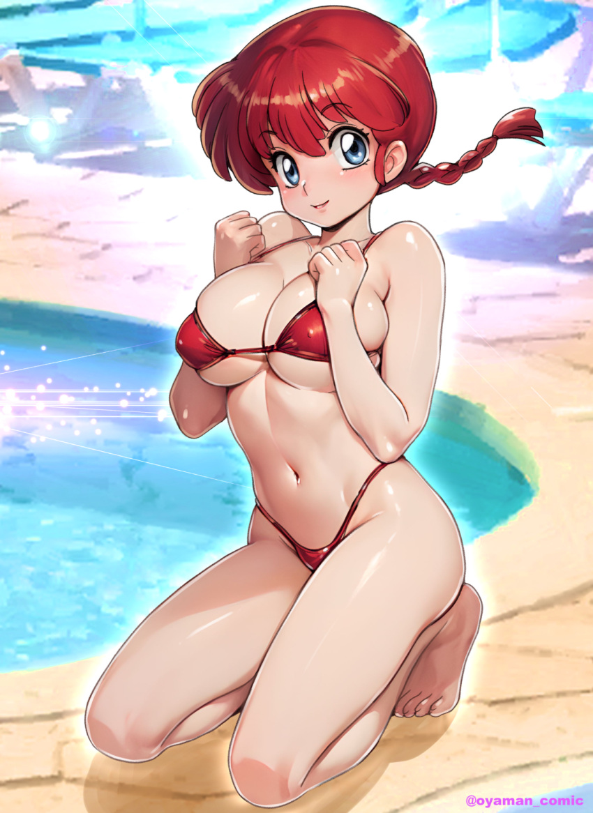 bare_arms bare_legs bare_shoulders barefoot bikini blue_eyes blurry blurry_background braid braided_ponytail breasts breasts_squeezed_together closed_mouth commentary_request covered_nipples feet female hands_up highleg highleg_bikini highres kneeling large_breasts light_blush looking_at_viewer low_ponytail navel oyaman pool poolside ranma-chan ranma_1/2 red_bikini red_hair skindentation smile solo stomach string_bikini swimsuit toes twitter_username water