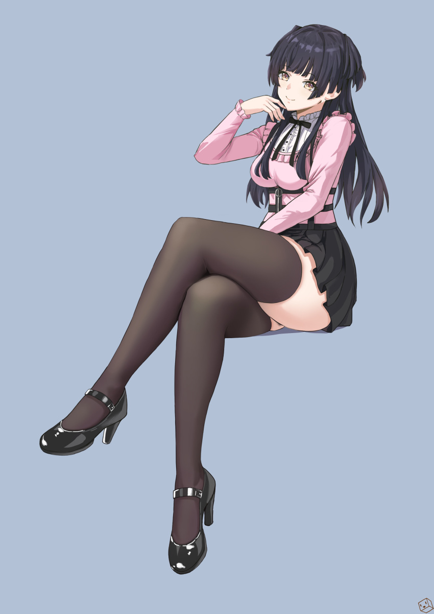 absurdres black_footwear black_hair black_ribbon black_skirt black_thighhighs breasts commentary_request crossed_legs female full_body high_heels highres idolmaster idolmaster_shiny_colors invisible_chair jirai_kei kuuhaku_(pskf2372) long_hair mayuzumi_fuyuko medium_breasts miniskirt neck_ribbon pink_shirt pleated_skirt ribbon shirt simple_background sitting skirt solo thighhighs two_side_up very_long_hair