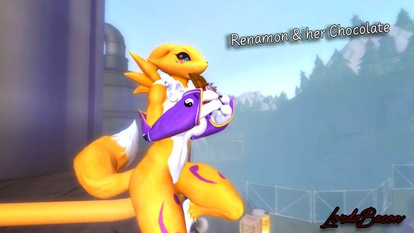 3d_(artwork) bandai_namco candy canid canine chocolate chocolate_bar dessert digimon digimon_(species) digital_media_(artwork) eating female food garry's_mod lordzbacon mammal renamon solo