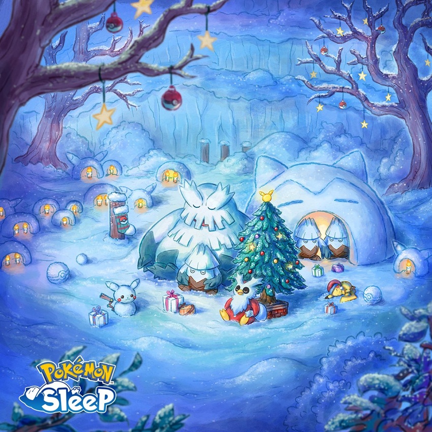 abomasnow candle christmas christmas_tree clothed_pokemon copyright_name delibird gift hat logo no_humans official_art pikachu poke_ball poke_ball_(basic) pokemon pokemon_(creature) pokemon_sleep promotional_art quinzhee santa_hat scenery sleeping snorlax snover snow snow_shelter snowman star_ornament tree