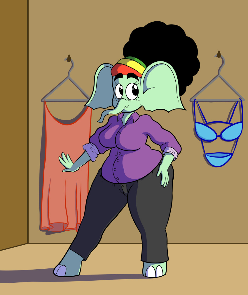 absurd_res anthro clothed clothing elephant elephantid female fully_clothed green_body hi_res kiyana_(marcodile) mammal marcodile mature_anthro mature_female proboscidean slightly_chubby slightly_chubby_female solo wide_hips