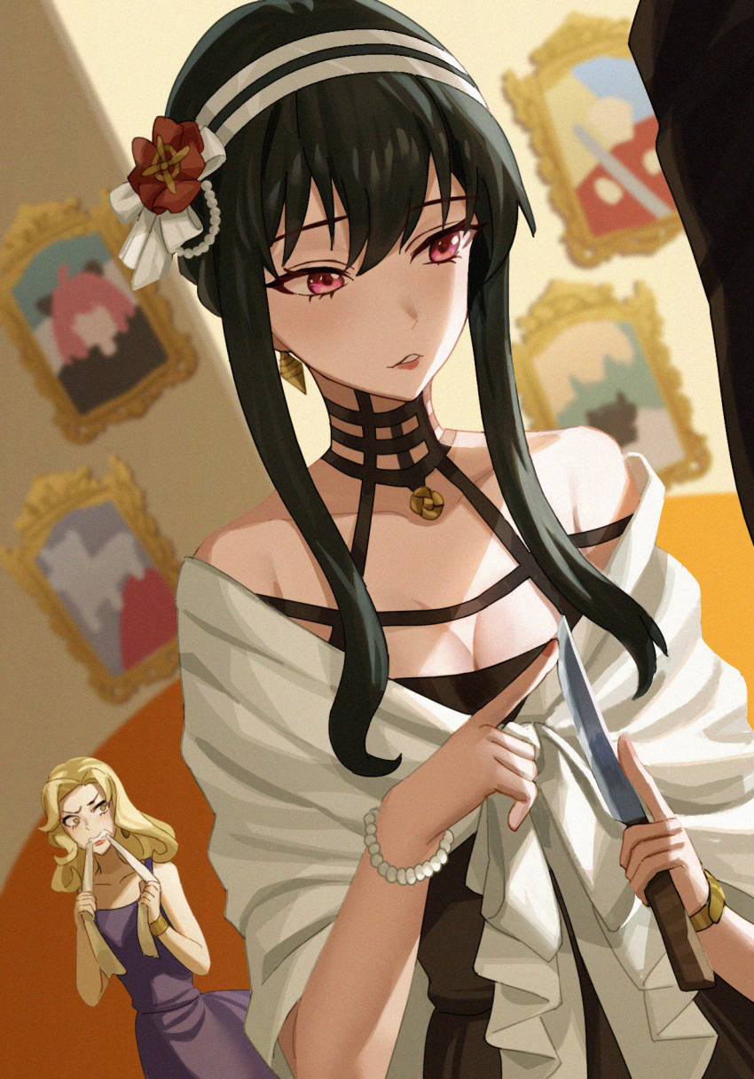 2girls 777._(pixiv) bare_shoulders bead_bracelet beads biting black_dress black_hair blonde_hair bracelet breasts butter_knife camilla_(spy_x_family) commentary dress flower hair_flower hair_ornament hairband highres holding holding_knife index_finger_raised jealous jewelry knife lipstick long_hair looking_to_the_side makeup medium_breasts multiple_girls parted_lips picture_frame purple_dress red_eyes red_flower red_lips shawl sidelocks solo_focus spy_x_family table_knife white_hairband yellow_eyes yor_briar