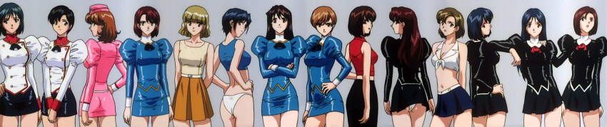 1990s_(style) 6+girls adjutant_(agent_aika) agent_aika aika_(series) alternate_costume anime_screenshot ascot ass ayumi_(agent_aika) black_ascot black_delmo black_hair black_jacket black_pants black_skirt blonde_hair blue_bra blue_delmo blue_delmo_b blue_delmo_t blue_delmo_u blue_delmo_v blue_delmo_w blue_eyes blue_hair blue_jacket blue_skirt bra breasts brown_eyes brown_hair buttons casual cleavage collarbone covered_nipples cowboy_shot crop_top crossed_arms delmogeny_uniform double-breasted eri_(agent_aika) front-tie_top garrison_cap grey_background hand_on_own_hip hands_on_own_hips hat highleg highleg_panties highres jacket juliet_sleeves lineup long_hair long_sleeves medium_breasts miniskirt misaki_(agent_aika) multiple_girls naomi_(agent_aika) navel nina_esuko open_mouth panties pants pantyshot pencil_skirt pink_delmo pink_headwear pink_jacket pink_skirt pleated_skirt profile puffy_sleeves red_ascot red_hair red_shirt retro_artstyle rika_(agent_aika) shirt short_hair simple_background skirt standing stitched third-party_edit tied_shirt underwear uniform vivian_(agent_aika) white_delmo white_jacket white_panties white_shirt wide_image yamauchi_noriyasu yuki_(agent_aika)