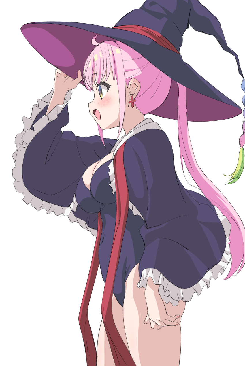 absurdres black_legwear blush breasts cleavage covered_navel earrings female from_side hat highres jewelry kazairo_kotone large_breasts long_hair long_sleeves one-piece_swimsuit open_mouth pink_hair ponytail rpg_fudousan simple_background sincos solo swimsuit white_background witch_hat