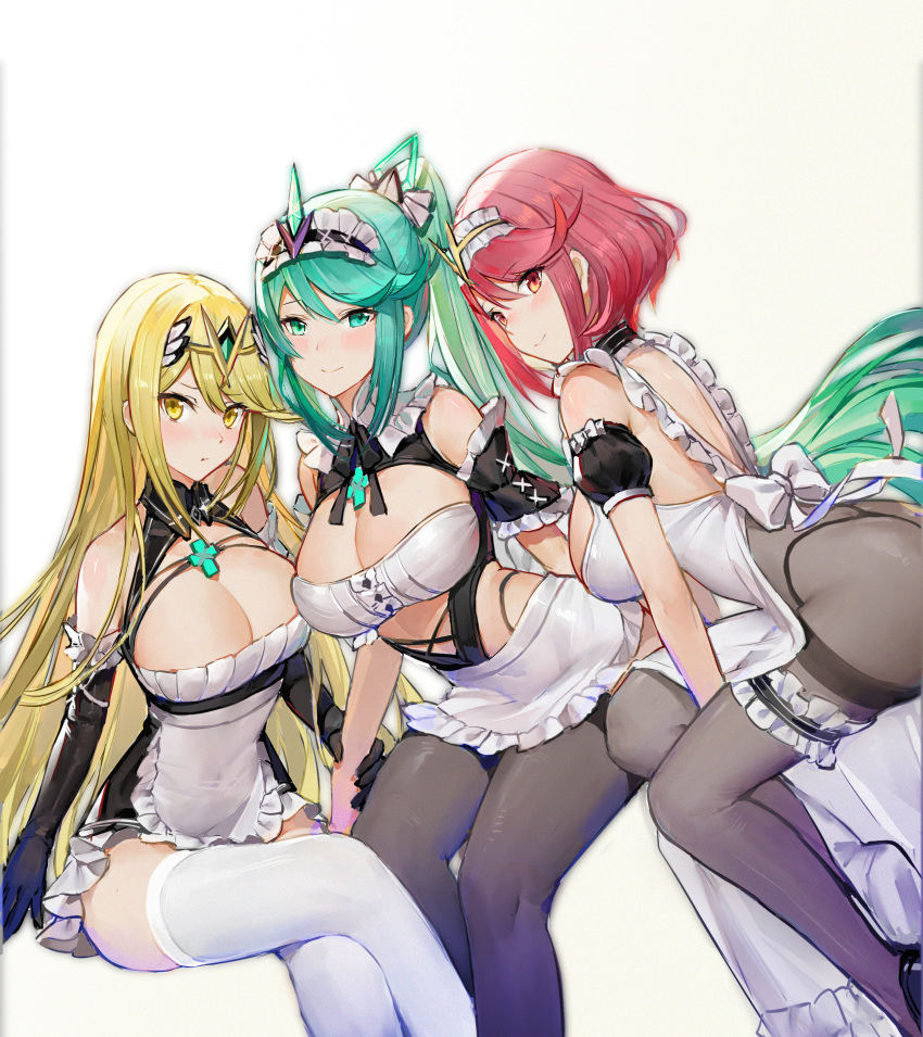 3girls absurdres alternate_costume blonde_hair bob_cut breasts enmaided green_eyes green_hair highres large_breasts long_hair maid mo_xiaoxue multiple_girls mythra_(xenoblade) pantyhose pneuma_(xenoblade) ponytail pyra_(xenoblade) red_eyes red_hair spoilers thick_thighs thighs xenoblade_chronicles_(series) xenoblade_chronicles_2 yellow_eyes