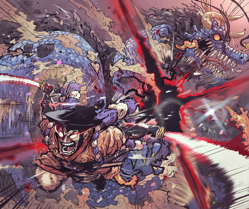 2boys absurdres action attack bad_id bad_twitter_id battle black_headwear commentary dragon dual_wielding eastern_dragon foreshortening glowing glowing_eyes glowing_sword glowing_weapon haki han_gong highres holding holding_sword holding_weapon incoming_attack japanese_clothes kaidou_(one_piece) katana kimono kouzuki_oden male_focus midair multiple_boys one_piece open_mouth orange_kimono red_eyes sword symbol-only_commentary teeth weapon