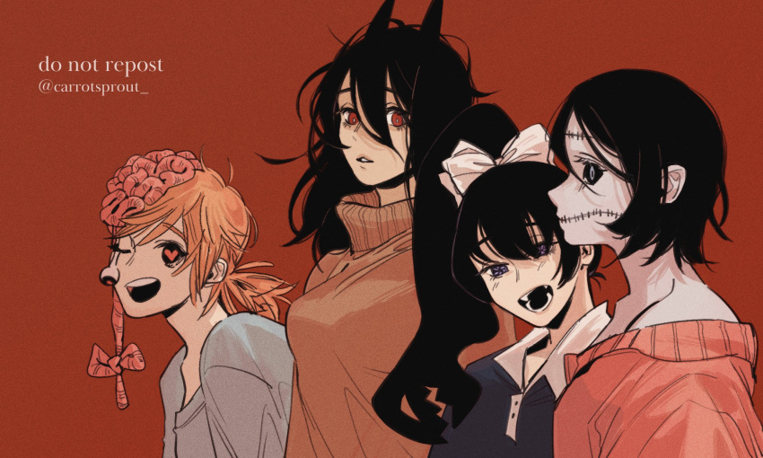 4girls bare_shoulders black_hair black_sclera breasts carrotsprout chainsaw_man colored_sclera cosmo_(chainsaw_man) dangling_eye english_text exposed_brain futakuchi-onna grey_shirt hair_between_eyes hair_ribbon heart heart-shaped_pupils highres horns large_breasts long_(chainsaw_man) long_hair looking_at_viewer looking_to_the_side medium_breasts medium_hair messy_hair multiple_girls orange_hair pingtsi_(chainsaw_man) ponytail prehensile_hair red_background red_eyes ribbon shirt short_hair short_ponytail short_twintails simple_background stitched_arm stitched_face stitches sweater symbol-shaped_pupils tsugihagi_(chainsaw_man) turtleneck twintails