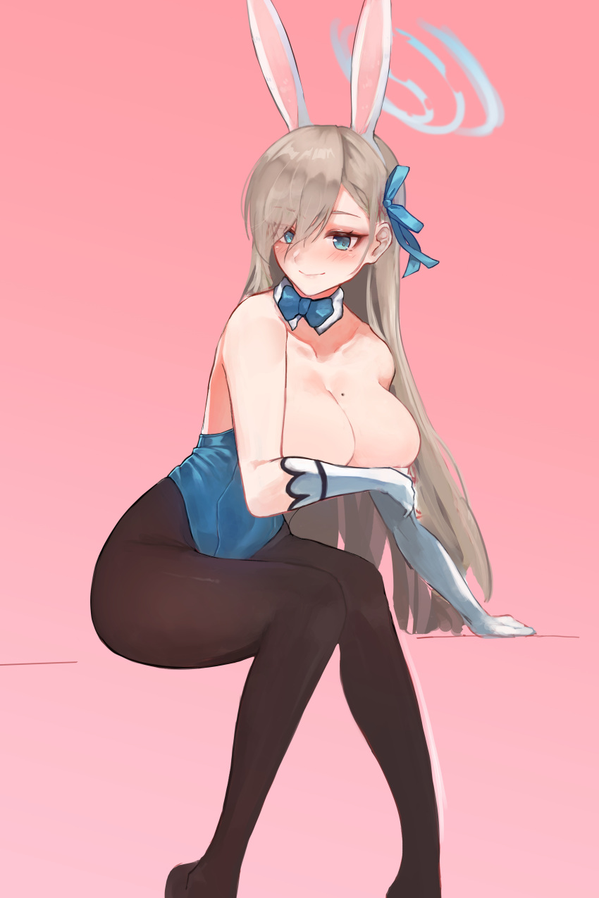 absurdres animal_ears asuna_(blue_archive) asuna_(bunny)_(blue_archive) bare_shoulders blue_archive blue_eyes blue_leotard blush bow bowtie breasts brown_pantyhose cleavage commentary detached_collar elbow_gloves fake_animal_ears female gloves hair_over_one_eye halo highleg highleg_leotard highres large_breasts leotard light_brown_hair long_hair looking_at_viewer mole mole_on_breast official_alternate_costume pantyhose playboy_bunny rabbit_ears sitting smile solo strapless strapless_leotard traditional_bowtie vantsuki white_gloves