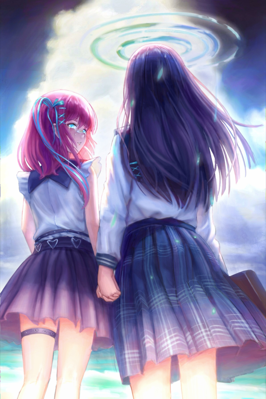 2girls blue_hair briefcase chinese_commentary cloud crying crying_with_eyes_open facing_away floating_hair from_behind hair_ornament hairclip halo heart_o-ring highres holding_hands interlocked_fingers kafkasea looking_at_another looking_back multiple_girls original parted_lips pink_hair plaid plaid_skirt pleated_skirt school_briefcase school_uniform skirt tears thigh_strap x_hair_ornament yuri