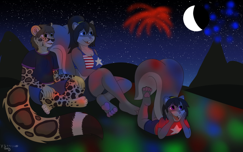 absurd_res anthro billie_(kanrodstavoyan) callie_(kanrodstavoyan) cheetah clothing felid feline fireworks group hair hi_res hybrid kanrod_stavoyan korben_brandis mammal moon night pantherine rodent sciurid sky snow_leopard star