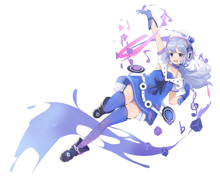 :d arm_up bare_shoulders beamed_eighth_notes belt blue_eyes boots cube detached_collar dress eighth_note einri female flat_sign full_body garter_straps gloves gradient_legwear grey_hair hair_ribbon hat headphones highres keyhole leg_up low_ponytail mascot musical_note off_shoulder open_mouth original paint_splatter purple_dress purple_thighhighs ribbon shrug_(clothing) smile solo thighhighs treble_clef white_background zettai_ryouiki