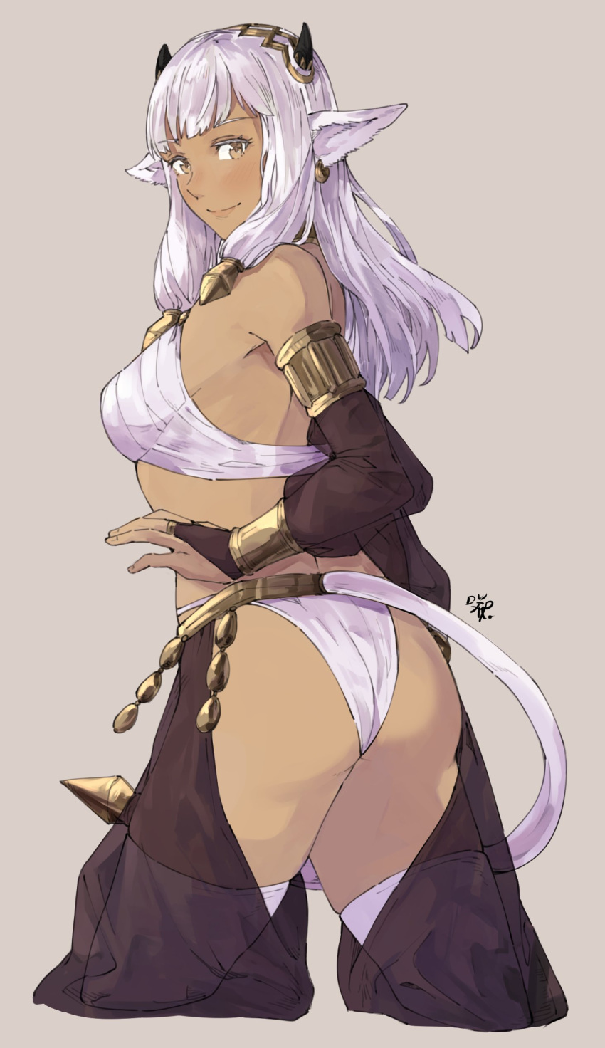 absurdres alternate_costume animal_ears ash_(fire_emblem) ass black_horns blush bridal_gauntlets brown_eyes closed_mouth commentary cosplay cow_ears cow_girl cow_horns cow_tail cropped_legs dancer dark-skinned_female dark_skin detached_sleeves ear_piercing english_commentary female fire_emblem fire_emblem_awakening fire_emblem_heroes grey_background hair_ornament harem_pants highres horns jewelry long_hair looking_at_viewer midriff olivia_(fire_emblem) olivia_(fire_emblem)_(cosplay) olivia_(performing_arts)_(fire_emblem) pants piercing revealing_clothes sakuremi see-through see-through_sleeves sidelocks signature simple_background smile solo tail thighhighs tiara white_hair white_thighhighs