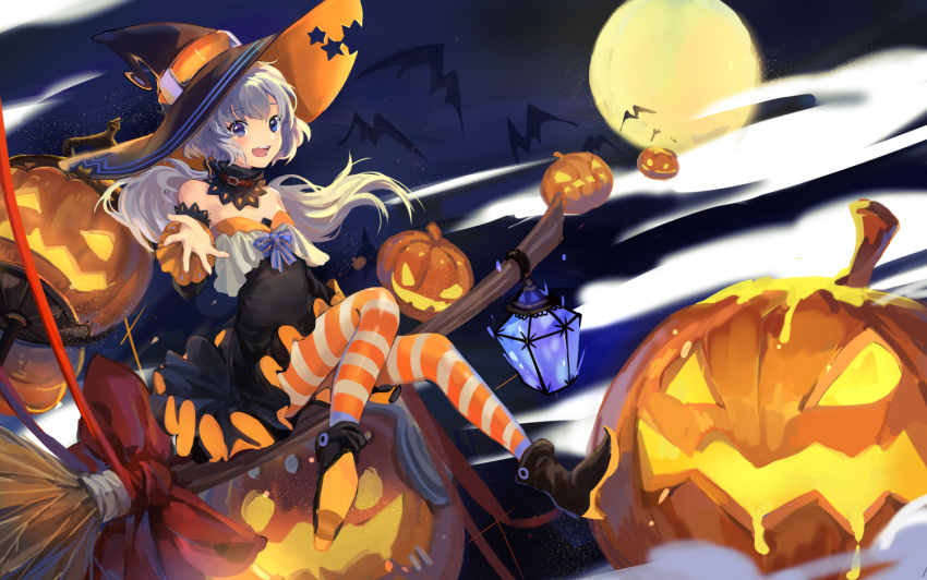 :d bat_(animal) black_dress black_footwear blue_bow blue_eyes boots bow broom broom_riding choker detached_collar detached_sleeves dress einri female frilled_dress frills halloween hat high_heel_boots high_heels jack-o'-lantern lantern long_hair mascot moon night off-shoulder_dress off_shoulder open_mouth orange_pantyhose original outstretched_hand pantyhose red_bow smile solo star_cutout striped_clothes striped_pantyhose white_hair witch witch_hat