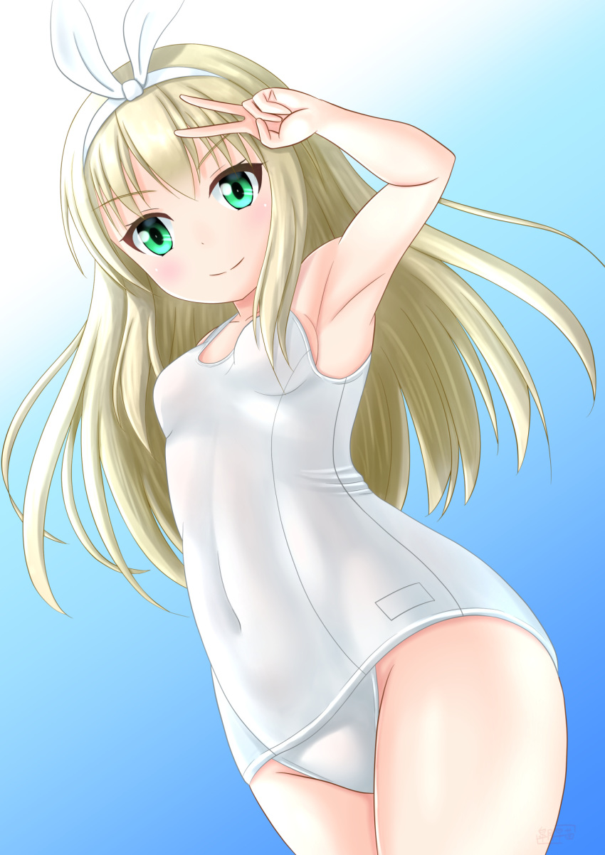 armpits baselard blonde_hair blue_background blunt_bangs breasts commentary_request cowboy_shot female frame_arms_girl from_below gradient_background green_eyes hairband highres long_hair looking_at_viewer one-piece_swimsuit satsuki_sanae school_swimsuit small_breasts smile solo swimsuit v white_hairband white_one-piece_swimsuit