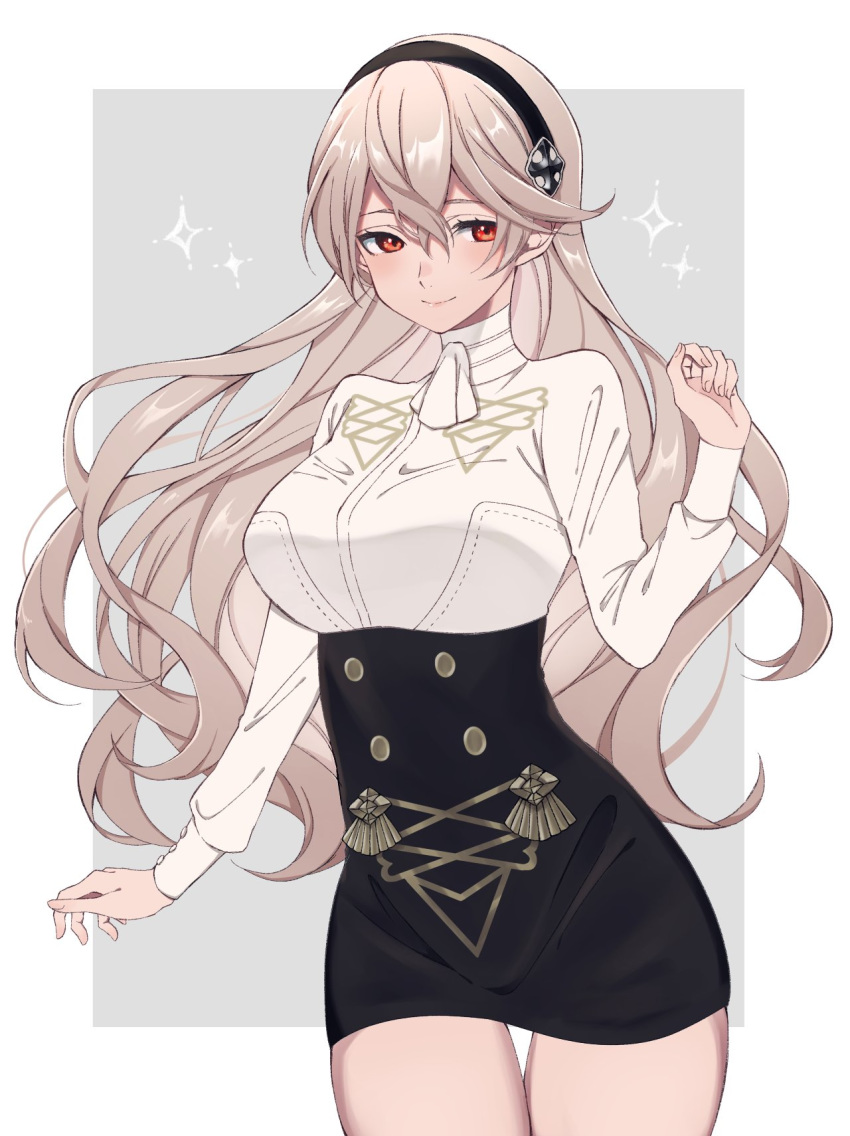 bad_id bad_twitter_id black_hairband black_skirt breasts closed_mouth commentary_request corrin_(female)_(fire_emblem) corrin_(fire_emblem) cowboy_shot female fire_emblem fire_emblem:_three_houses fire_emblem_fates garreg_mach_monastery_uniform hairband high-waist_skirt highres hoshido1214 large_breasts long_hair long_sleeves miniskirt pointy_ears red_eyes shirt simple_background skirt smile solo thigh_gap thighs turtleneck uniform white_hair white_shirt