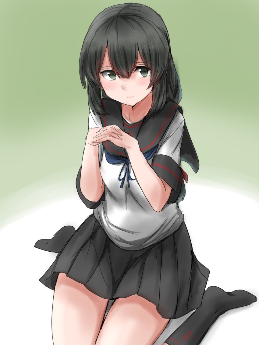 black_eyes black_hair black_sailor_collar black_skirt commentary_request female hair_between_eyes hair_down highres isonami_(kancolle) isonami_kai_ni_(kancolle) kamaboko_senshi kantai_collection looking_at_viewer no_shoes pleated_skirt sailor_collar school_uniform serafuku sidelocks sitting skirt solo wariza