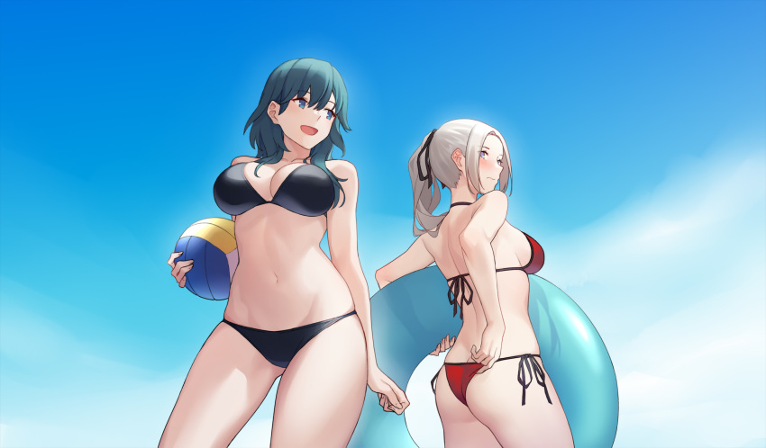 2girls adjusting_clothes adjusting_swimsuit ass ball bikini blue_eyes blue_hair breasts byleth_(female)_(fire_emblem) byleth_(fire_emblem) commentary_request edelgard_von_hresvelg fire_emblem fire_emblem:_three_houses hair_ornament hair_ribbon halterneck highres long_hair looking_at_viewer multiple_girls navel photoshop_(medium) ponytail ribbon short_hair side-tie_bikini_bottom simple_background smile string_bikini swimsuit zjm530280188