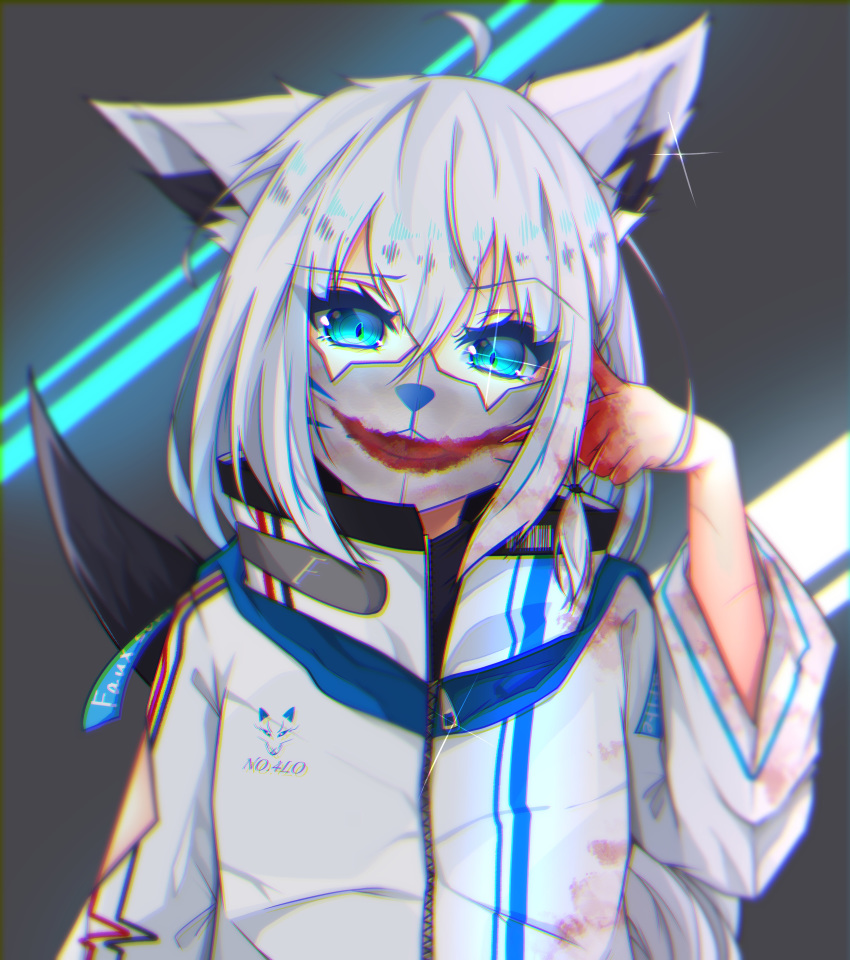 absurdres ahoge alternate_costume animal_ear_fluff animal_ears aqua_eyes blood blood_on_face blood_on_hands blood_splatter blood_stain commentary_request cuts female fox_ears fox_girl fox_tail highres hololive injury jacket long_hair looking_at_viewer mask mouth_mask shirakami_fubuki solo tail temari_maco virtual_youtuber white_hair