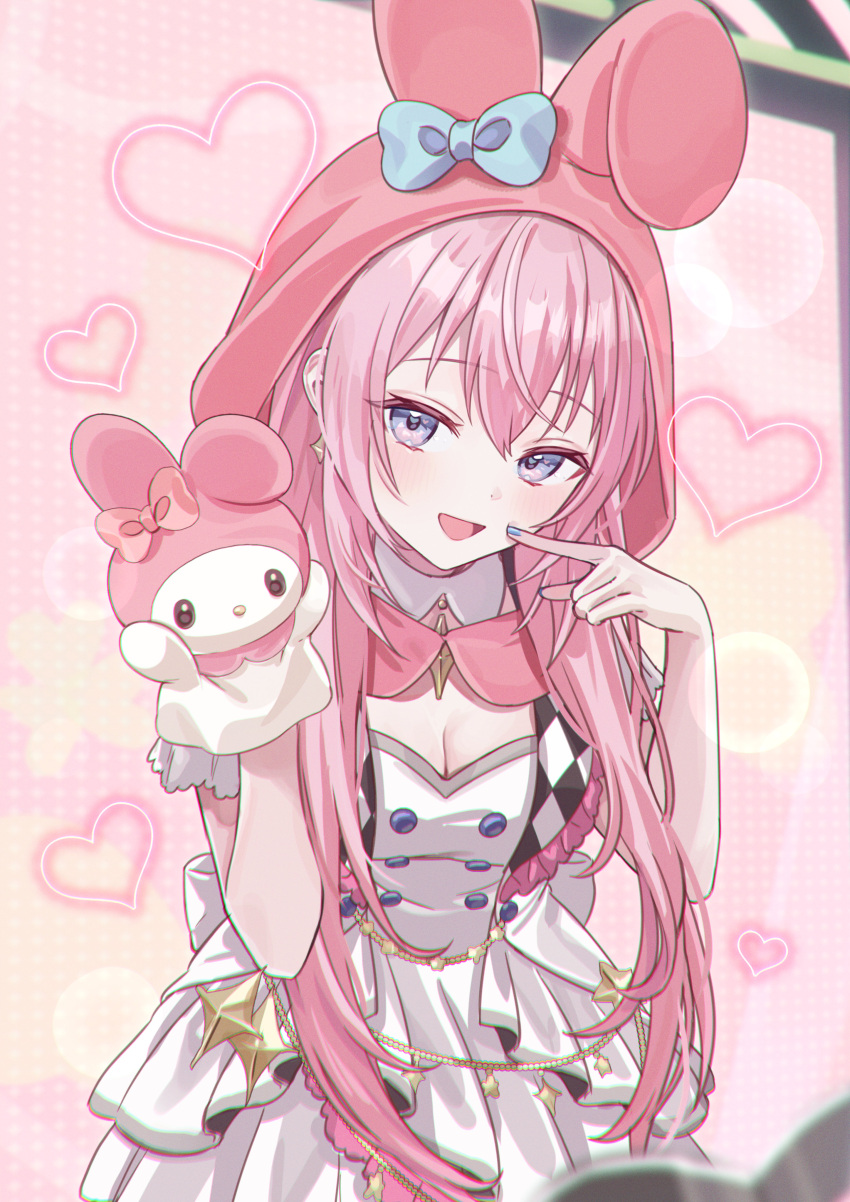 :d absurdres animal_ear_hood animal_ears back_bow blue_eyes blue_nails bow breasts cheek_poking cleavage commentary dress earrings fake_animal_ears female hand_puppet heart highres hood jewelry long_hair megurine_luka more_more_jump!_luka my_melody onegai_my_melody pink_hair poking poking_self project_sekai puppet sanrio sideways_glance smile solo symbol_in_eye very_long_hair vocaloid vs0mr white_dress