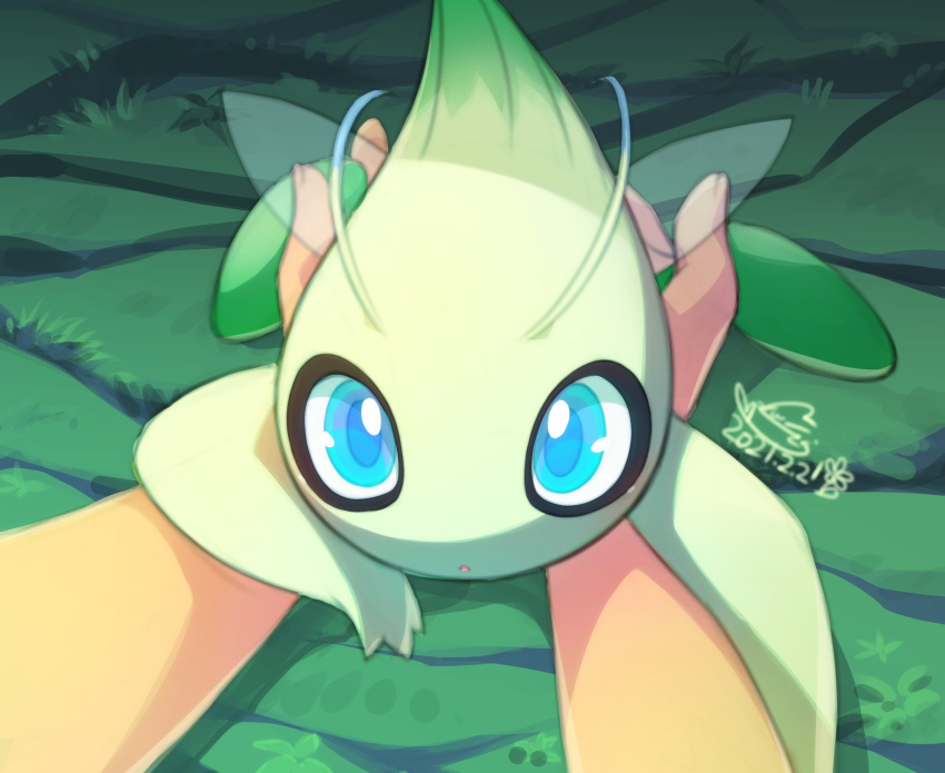 antennae blanket blue_eyes celebi dated fairy_wings highres looking_at_viewer mizuki_kotora pokemon pokemon_(creature) pov pov_hands wings