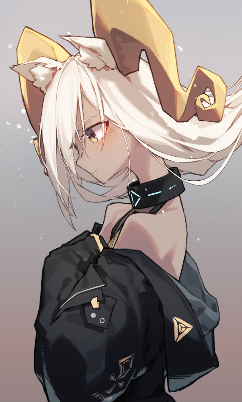 absurdres animal_ear_fluff animal_ears arknights bare_shoulders beeswax_(arknights) beudelb black_collar black_jacket collar commentary dark-skinned_female dark_skin female from_side goat_ears goat_girl goat_horns gradient_background grey_background highres horns infection_monitor_(arknights) jacket looking_down off_shoulder profile simple_background solo upper_body yellow_eyes