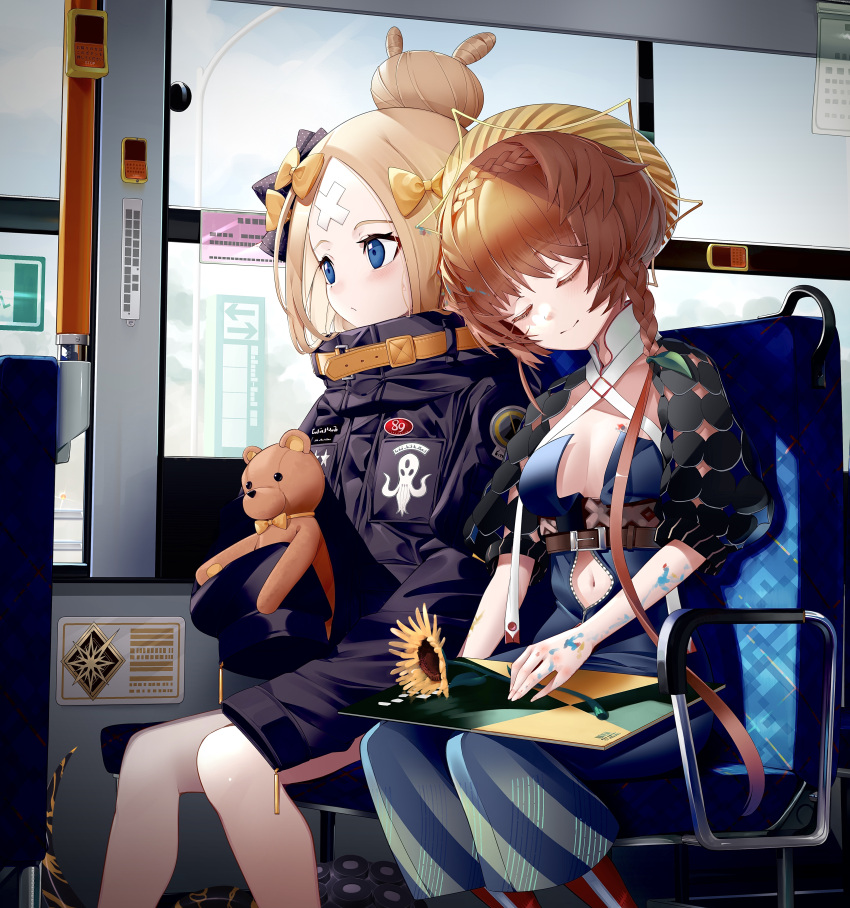 2girls abigail_williams_(fate) abigail_williams_(traveling_outfit)_(fate) absurdres bandaid bandaid_on_face bandaid_on_forehead belt black_bow black_jacket blonde_hair blue_eyes blue_overalls blush bow braid breasts center_opening closed_eyes crossed_bandaids crown_braid fate/grand_order fate_(series) flower forehead hair_bun hairbow hat high_collar highres jacket long_hair long_sleeves multiple_girls multiple_hair_bows navel official_alternate_costume orange_belt orange_bow orange_hair overall_shorts overalls parted_bangs polka_dot polka_dot_bow puffy_sleeves revision shiro_ami side_braid single_hair_bun sitting sketchbook sleeves_past_fingers sleeves_past_wrists small_breasts smile straw_hat stuffed_animal stuffed_toy sunflower teddy_bear tentacle train_interior van_gogh_(fate) window yellow_headwear