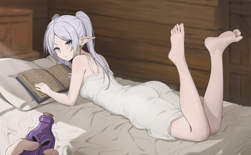 ass barefoot cbmus closed_mouth commentary_request dress earrings elf feet feet_up female frieren green_eyes grey_hair jewelry legs long_hair looking_at_viewer lying on_bed on_stomach out_of_frame paid_reward_available parted_bangs pointy_ears pov pov_hands soles solo_focus sousou_no_frieren the_pose toenails toes twintails white_dress