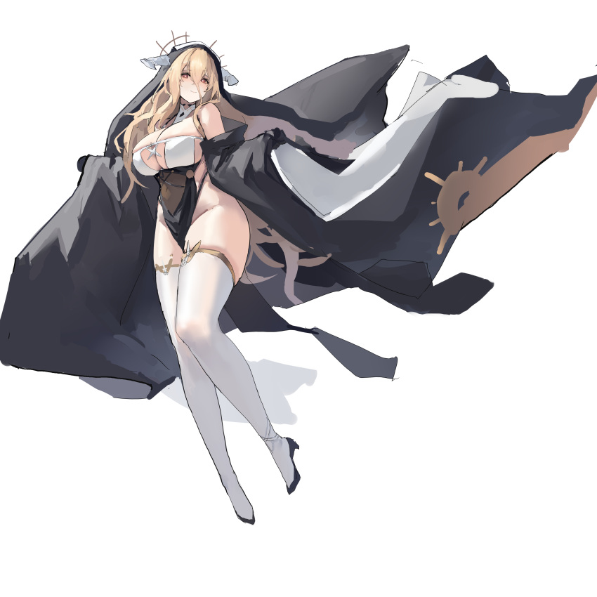 absurdres azur_lane bare_shoulders black_dress black_gloves blonde_hair breasts chinese_commentary cleavage commentary covered_navel dress fake_horns female full_body gloves habit hair_between_eyes half_gloves high_heels highres horns huge_breasts implacable_(azur_lane) large_breasts long_hair looking_at_viewer lump_saury nun partially_unbuttoned pelvic_curtain red_eyes revealing_clothes simple_background solo thighhighs two-tone_dress very_long_hair white_background white_horns white_thighhighs