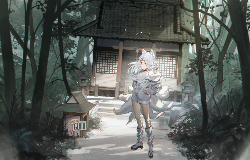 animal_ear_fluff animal_ears bare_shoulders breasts building commission copyright_request danzir dutch_angle facial_mark female forest fox_ears fox_girl fox_tail full_body hands_on_own_hips highres jacket kitsune korean_text leg_warmers long_hair long_sleeves multiple_tails nature off_shoulder outdoors pixiv_commission red_eyes sandals scenery shirt small_breasts socks solo standing tail translation_request tree virtual_youtuber whisker_markings white_hair white_jacket white_shirt white_socks