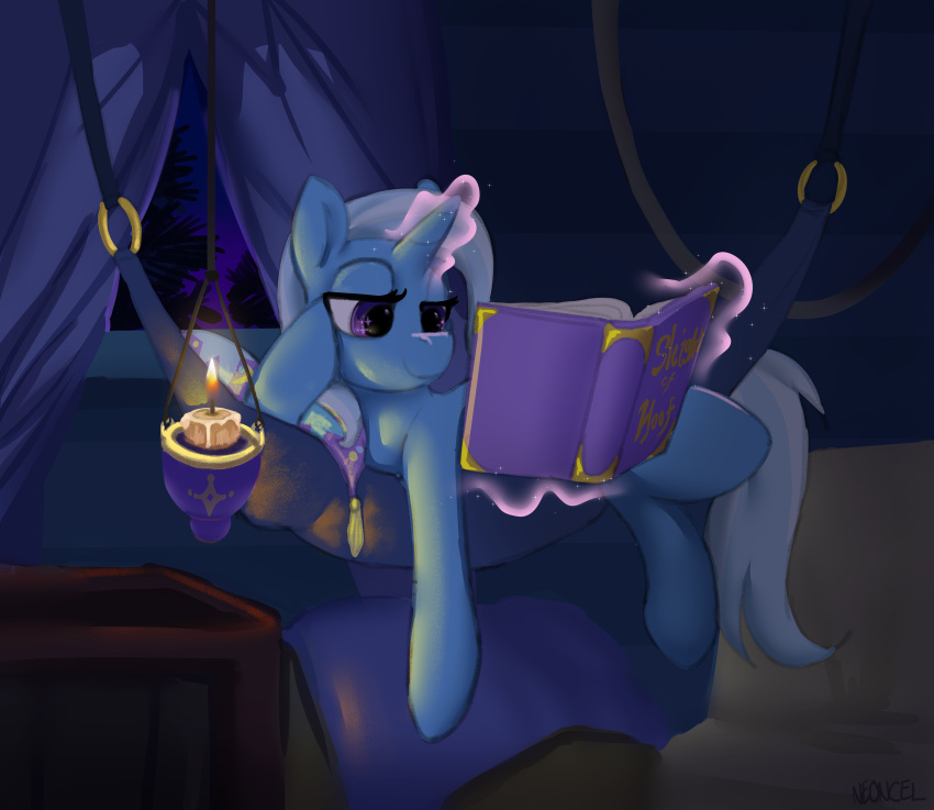 absurd_res blue_body book candle equid equine female feral friendship_is_magic hair hasbro hi_res hooves horn lit_candle magic mammal my_little_pony mythological_creature mythological_equine mythology neoncel quadruped reading smile solo trixie_(mlp) unicorn