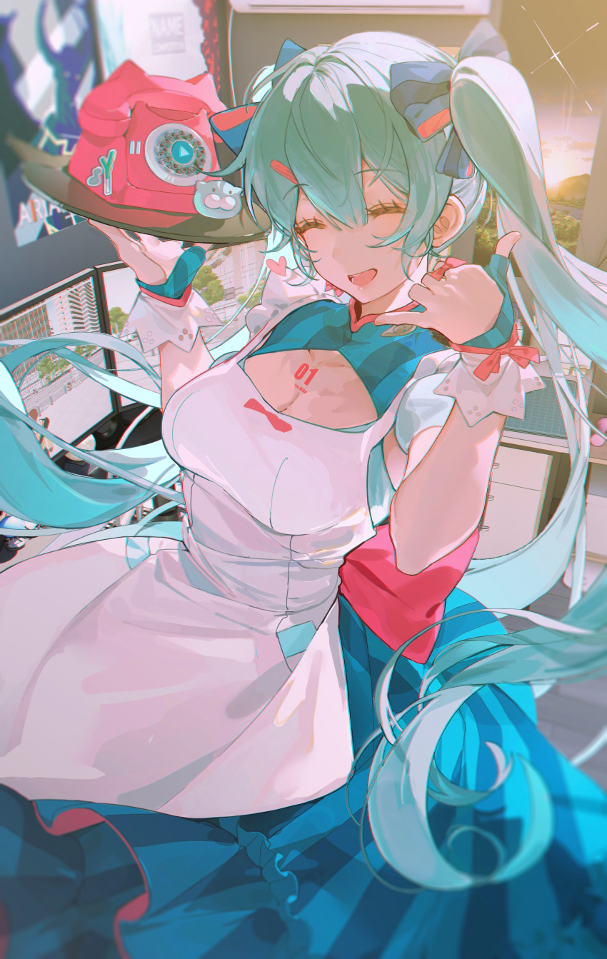 absurdres antique_phone apron back_bow blue_bow bow breasts chest_tattoo cleavage cleavage_cutout closed_eyes clothing_cutout dress facing_viewer female fingerless_gloves gatebox gloves green_dress green_gloves green_hair hair_between_eyes hair_ornament hairbow hairclip hands_up hatsune_miku highres holding holding_tray long_hair medium_breasts open_mouth phone pink_bow pink_ribbon ribbon rotary_phone shaka_sign solo tattoo tray twintails very_long_hair vocaloid white_apron white_wrist_cuffs wrist_cuffs z3zz4