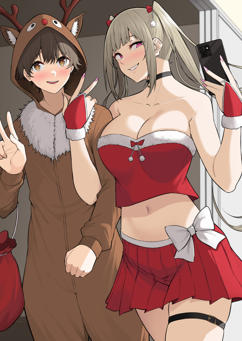 1boy animal_costume antlers breasts cellphone christmas commentary_request cosplay dress fake_antlers female fur_trim grey_hair gyaru highres horns imaizumi_(imaizumin-chi) imaizumin-chi_wa_douyara_gal_no_tamariba_ni_natteru_rashii indoors kogal kurumizaka_ruri large_breasts locked_arms nori_gorou original phone pink_eyes reindeer_antlers reindeer_costume sack santa_costume santa_dress smile standing twintails v