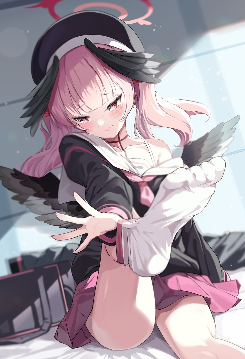 black_hat black_shirt black_wings blue_archive blush closed_mouth female halo hat highres igayan koharu_(blue_archive) off_shoulder pink_hair red_halo school_uniform serafuku shirt short_hair sitting socks solo thighs twintails white_socks winged_hat wings