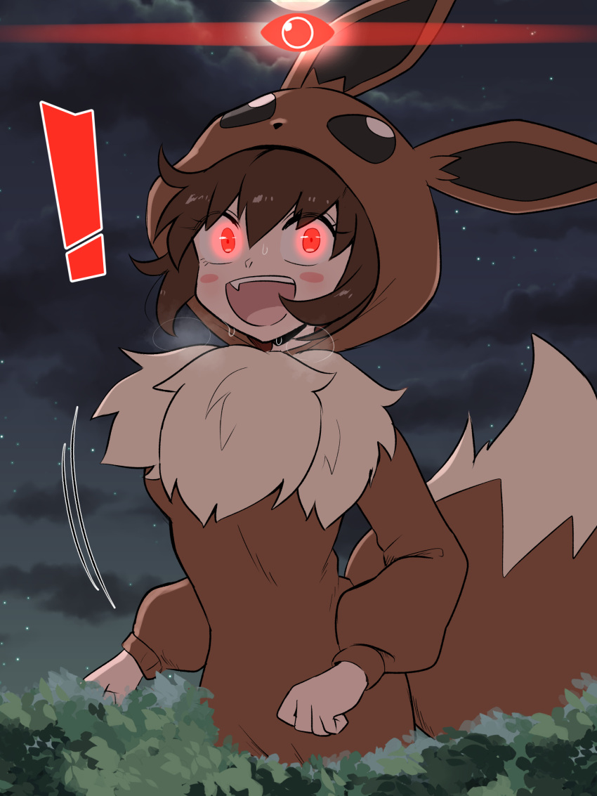 ! absurdres alpha_pokemon blush_stickers breasts brown_hair brown_hood cloud commentary_request cosplay cowboy_shot eevee eevee_(cosplay) eevee_ears eevee_tail female giant giantess glowing glowing_eyes hair_between_eyes heavy_breathing highres hood hood_up kigurumi kurachi_mizuki long_sleeves looking_at_viewer medium_breasts moon motion_lines night night_sky oerba_yun_fang onesie open_mouth outdoors poke_kid_(pokemon) pokemon pokemon_ears pokemon_legends:_arceus pokemon_tail red_eyes short_hair sky solo standing star_(sky) starry_sky sweat tail tree