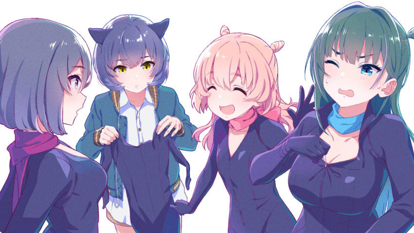 4girls akazaki_kokoro animal_ears black_hair blue_hair bodysuit breasts cat_ears cleavage closed_eyes front_zipper green_eyes green_hair hair_bobbles hair_ornament highres holding holding_clothes idoly_pride igawa_aoi jacket kanzaki_rio komiyama_ai long_hair looking_at_another looking_down multiple_girls official_art one_eye_closed open_clothes open_jacket open_mouth pink_hair purple_eyes scarf short_hair simple_background wavy_mouth yellow_eyes