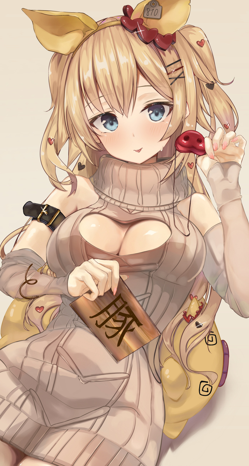 absurdres akai_haato alternate_costume bad_id bad_pixiv_id blonde_hair blue_eyes blush breasts cleavage cleavage_cutout clothing_cutout female grey_sweater haaton_(akai_haato) hair_ornament hairpin heart heart_hair_ornament highres hololive large_breasts looking_at_viewer lying meme_attire nekoi_(nekoi_0116) on_back pig_nose sleeveless sleeveless_sweater sleeveless_turtleneck smile solo sweater tongue tongue_out turtleneck two_side_up virgin_killer_sweater virtual_youtuber x_hair_ornament