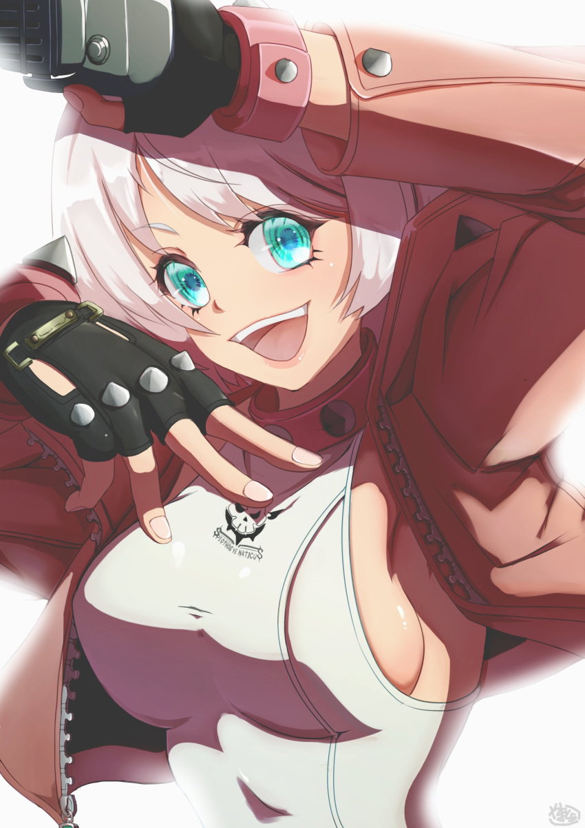 ahoge black_gloves bob_cut bracelet breasts collar dress elphelt_valentine female fingerless_gloves gloves green_eyes guilty_gear guilty_gear_strive hairband highres holding holding_microphone huge_ahoge jacket jewelry large_breasts looking_at_viewer microphone open_mouth pink_jacket short_dress short_hair sideboob smile spiked_bracelet spiked_collar spiked_hairband spikes upper_body white_hair zouni_(xavier)