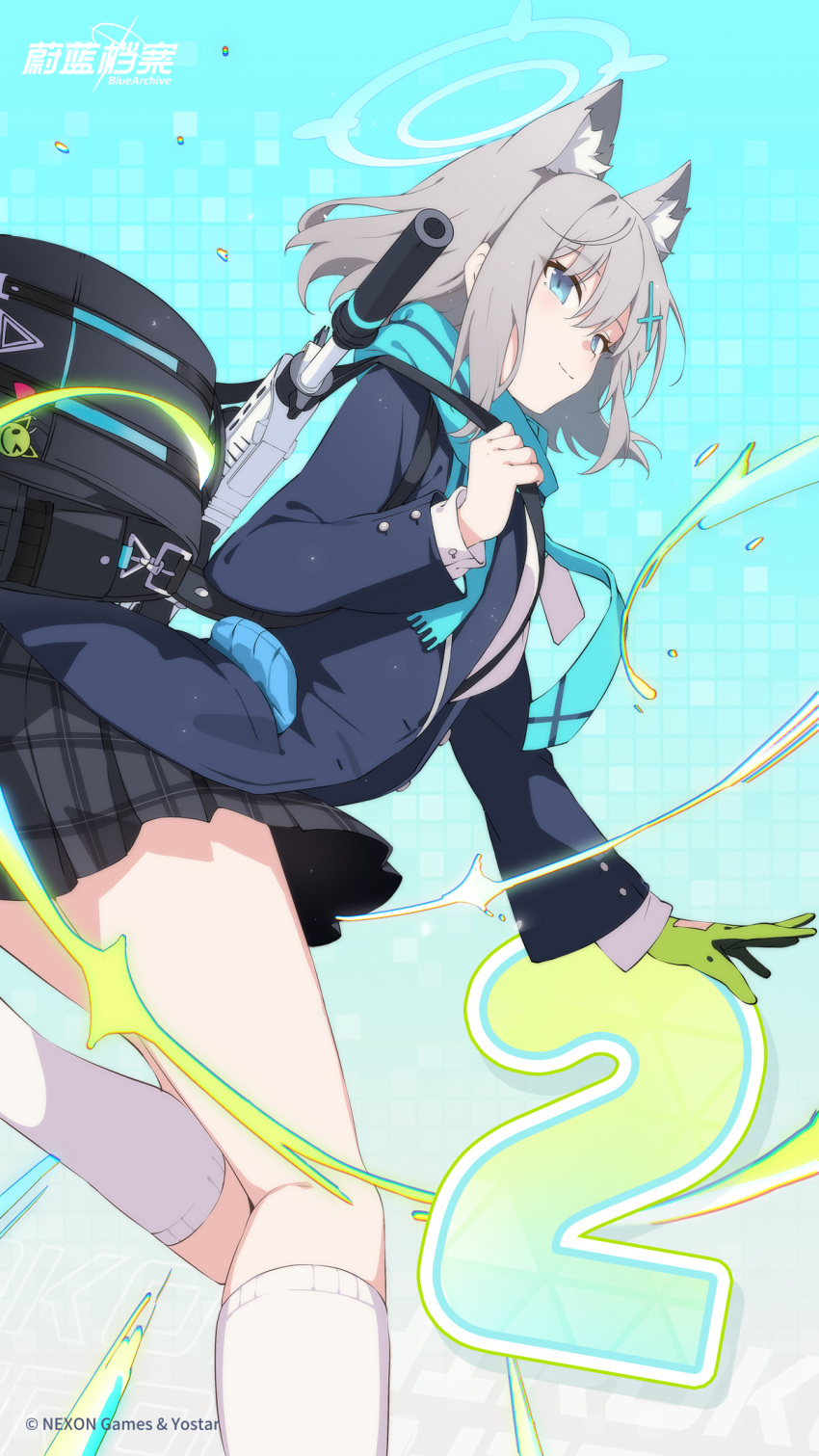 animal_ear_fluff animal_ears assault_rifle backpack bag black_jacket black_skirt blue_archive blue_eyes blush chinese_commentary chinese_text closed_mouth countdown female gloves green_gloves grey_hair gun halo highres holding jacket long_sleeves looking_at_viewer official_art open_clothes open_jacket rifle scarf school_uniform shiroko_(blue_archive) shirt shoulder_bag sig_556 single_glove skirt solo weapon weapon_on_back white_shirt wolf_ears youguo_naberu