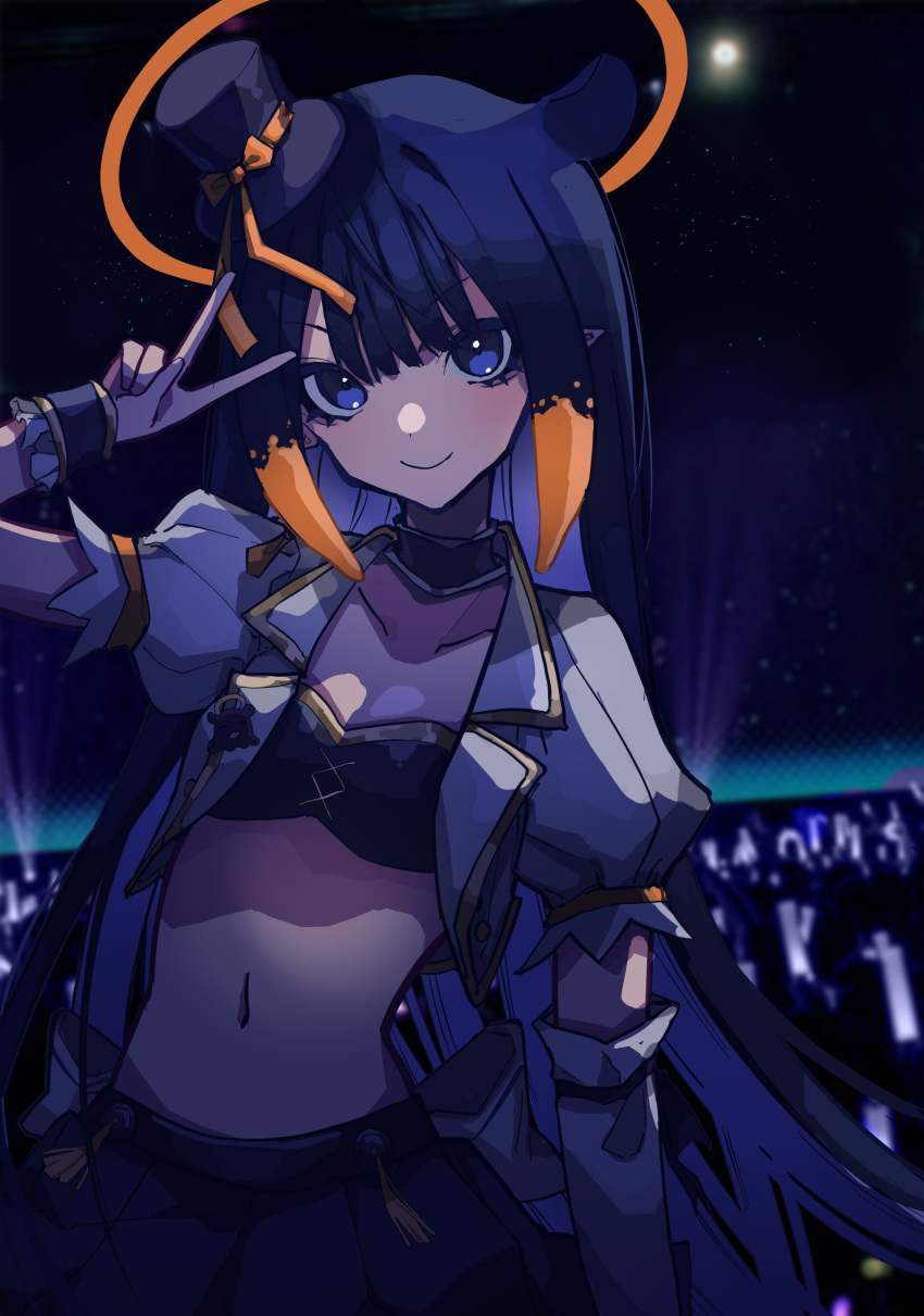 absurdres arm_up asymmetrical_sleeves black_bra black_hair black_hat black_skirt blue_eyes bra breasts closed_mouth collarbone commentary crop_top cropped_shirt detached_sleeves english_commentary female halo hat highres hololive hololive_english hololive_idol_uniform_(bright) idol light_blush looking_at_viewer mentally_deficient mini_hat multicolored_hair navel ninomae_ina'nis official_alternate_costume open_clothes open_shirt orange_hair pointy_ears puffy_short_sleeves puffy_sleeves shirt short_sleeves sidelocks skirt small_breasts smile solo stomach takodachi_(ninomae_ina'nis) tentacle_hair two-tone_hair underwear v virtual_youtuber white_shirt wrist_cuffs