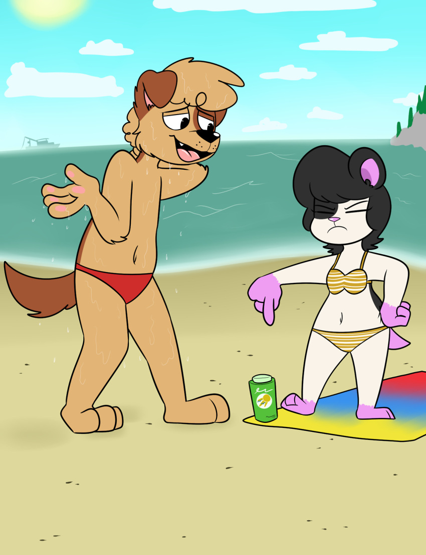 2017 3_toes 4_fingers anthro awkward_smile beach beach_towel bikini biped black_hair black_markings black_nose boat bottomwear brown_body brown_ears brown_fur brown_hair brown_tail brown_tuft canid canine canis cheek_tuft chokovit_(artist) closed_eyes clothed clothing colored countershading cricetid curled_hair digital_drawing_(artwork) digital_media_(artwork) dog_ears dog_tail domestic_dog dripping_wet duo eyebrow_through_hair eyebrows eyelashes eyelashes_through_hair eyes_always_closed facial_tuft feet female female_anthro fingers floppy_ears front_view frown fur gesture gloves_(marking) hair hamster hand_on_hip hi_res interspecies larger_anthro larger_male leg_markings lotion lotion_bottle male male_anthro mammal marie_wong markings navel outside pattern_bikini pattern_bottomwear pattern_clothing pattern_swimwear pattern_topwear pawpads pink_pawpads pink_tongue pointing purple_feet purple_hands purple_inner_ear purple_nose purple_tail red_bottomwear red_clothing red_speedo red_swimwear rodent rubbing_neck sand seaside short_tail size_difference sky smaller_anthro smaller_female socks_(marking) speedo speedo_only standing stevie_(chokovit) striped_bikini striped_bikini_bottom striped_bikini_top striped_bottomwear striped_clothing striped_swimwear striped_topwear stripes sun_lotion swimwear tail tapping_foot three-quarter_view toes tongue topless topwear towel translucent translucent_hair tuft vehicle water watercraft wet white_body white_fur yellow_bikini yellow_bikini_bottom yellow_bikini_top yellow_clothing yellow_swimwear