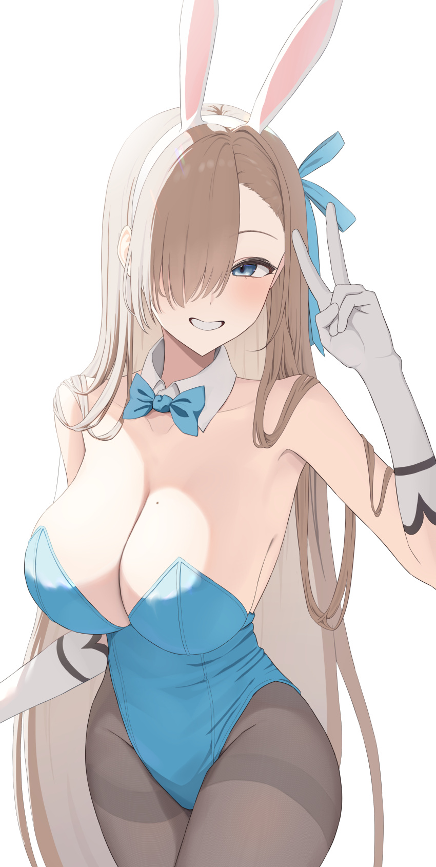 absurdres ama_(amastration55) animal_ears aqua_bow aqua_bowtie aqua_leotard asuna_(blue_archive) asuna_(bunny)_(blue_archive) asymmetrical_bangs black_pantyhose blue_archive blue_halo blush bow bowtie breasts cleavage detached_collar fake_animal_ears female gloves groin hair_over_one_eye halo highres large_breasts leotard light_brown_hair long_hair looking_at_viewer mole mole_on_breast no_halo official_alternate_costume one_eye_covered pantyhose playboy_bunny rabbit_ears sideboob simple_background smile solo strapless strapless_leotard teeth v very_long_hair white_background white_gloves