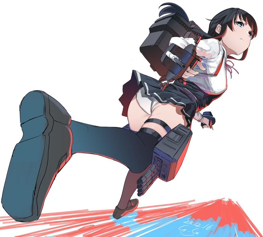 adapted_turret asashio_(kancolle) asashio_kai_ni_(kancolle) black_hair black_thighhighs blue_eyes cannon collared_shirt commentary_request dress dress_shirt female foreshortening full_body gegeron kantai_collection long_hair long_sleeves machinery panties pantyshot pinafore_dress running shirt simple_background sleeveless sleeveless_dress solo thighhighs turret underwear white_background white_panties white_shirt