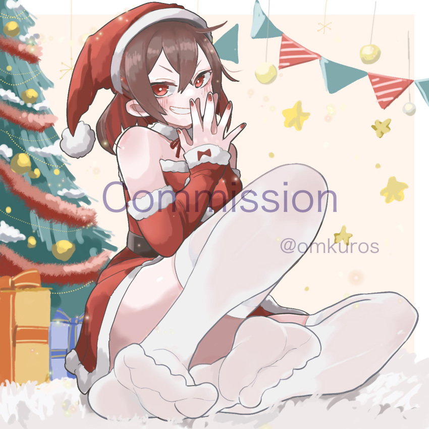 amagoe_(vtuber) bare_shoulders belt black_belt blush brown_hair christmas christmas_present christmas_tree colored_inner_hair commission convenient_leg crossed_bangs detached_collar detached_sleeves dorsiflexion dress feet female full_body fur_trim gift hair_between_eyes hands_up hat highres indie_virtual_youtuber indoors knee_up legs long_sleeves looking_at_viewer medium_hair multicolored_hair nail_polish neck_ribbon no_shoes omkuros on_ground own_hands_together red_dress red_eyes red_hair red_hat red_nails red_ribbon ribbon santa_costume santa_hat sidelocks sitting sleeves_past_wrists smile soles solo strapless strapless_dress thighhighs thighs toes twitter_username v-shaped_eyebrows virtual_youtuber watermark white_thighhighs