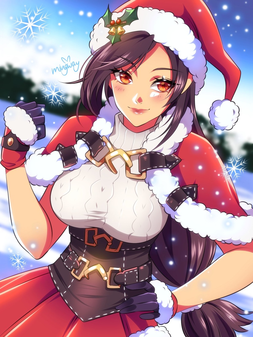 artist_name black_hair blue_sky blurry blurry_background blush breasts capelet christmas clenched_hand closed_mouth commentary dress english_commentary female final_fantasy final_fantasy_vii final_fantasy_vii_ever_crisis fur-trimmed_capelet fur-trimmed_gloves fur-trimmed_headwear fur-trimmed_skirt fur_trim gloves hair_ornament hand_on_own_hip hand_up hat highres holly_hat_ornament large_breasts long_hair looking_at_viewer low-tied_long_hair mingway official_alternate_costume outdoors pom_pom_(clothes) pom_pom_hair_ornament red_capelet red_eyes red_hat red_skirt santa_costume santa_dress santa_hat skirt sky sleeveless sleeveless_turtleneck smile snow snowflakes snowing solo sweater swept_bangs tifa_lockhart tifa_lockhart_(fairy_of_the_holy_flame) turtleneck turtleneck_sweater upper_body very_long_hair white_sweater