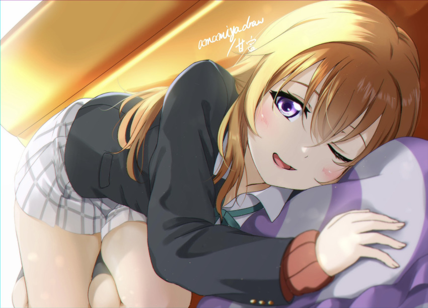 amamiya_(re-amamiya) artist_name black_coat blue_eyes coat collared_shirt commentary_request female hair_between_eyes happy_birthday head_on_pillow highres konoe_kanata light_blush long_hair long_sleeves looking_at_viewer love_live! love_live!_nijigasaki_high_school_idol_club lying on_side one_eye_closed open_mouth orange_hair pillow shirt skirt smile solo thighs white_shirt white_skirt