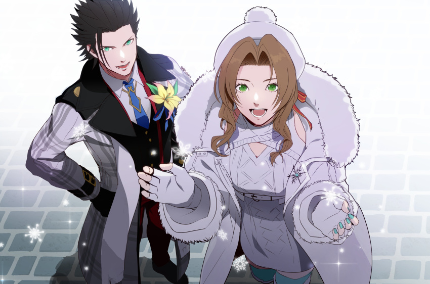 1boy absurdres aerith_gainsborough aerith_gainsborough_(fairy_of_snowfall) black_hair brown_hair coat corsage female final_fantasy final_fantasy_vii final_fantasy_vii_ever_crisis fingerless_gloves gloves green_eyes hat highres igusaharu long_coat necktie official_alternate_costume open_mouth smile snowflakes snowing spiked_hair suit winter_clothes winter_coat zack_fair zack_fair_(holiday_suit)