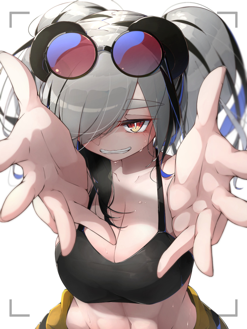 animal_ears arknights black_hair black_sports_bra breasts cleavage collarbone eyewear_on_head feater_(arknights) feater_(dojo_star)_(arknights) female grey_hair hair_over_one_eye highres kakakaeru large_breasts long_hair midriff multicolored_hair navel official_alternate_costume panda_ears panda_girl purple-tinted_eyewear smile solo sports_bra streaked_hair sunglasses sweat tinted_eyewear twintails