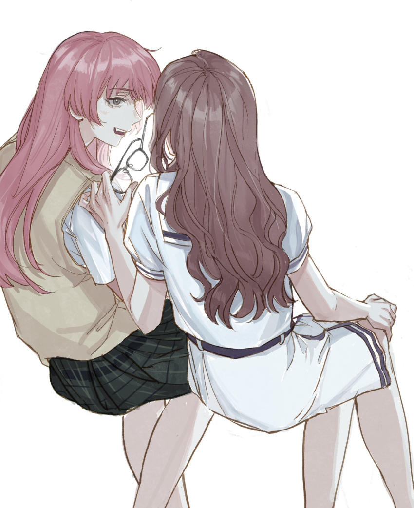 2girls bang_dream! bang_dream!_it's_mygo!!!!! black_skirt brown_hair brown_sweater chihaya_anon deerwhisky dress from_behind hand_on_own_knee haneoka_school_uniform highres holding holding_removed_eyewear long_hair looking_at_another multiple_girls nagasaki_soyo pink_hair plaid plaid_skirt pleated_skirt sailor_collar school_uniform serafuku shirt simple_background sitting skirt sleeveless sleeveless_sweater sweater tsukinomori_school_uniform unworn_eyewear white_background white_dress white_sailor_collar white_serafuku white_shirt